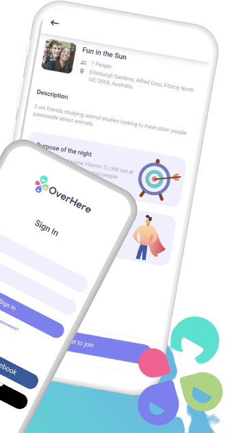 OverHere social connection app features for group or one-on-one social connections